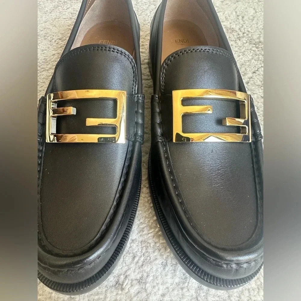 New Fendi Black Slip On Baguette Loafer with Gold Monogram Buckle SIZE 10.5 - Picture 9 of 14